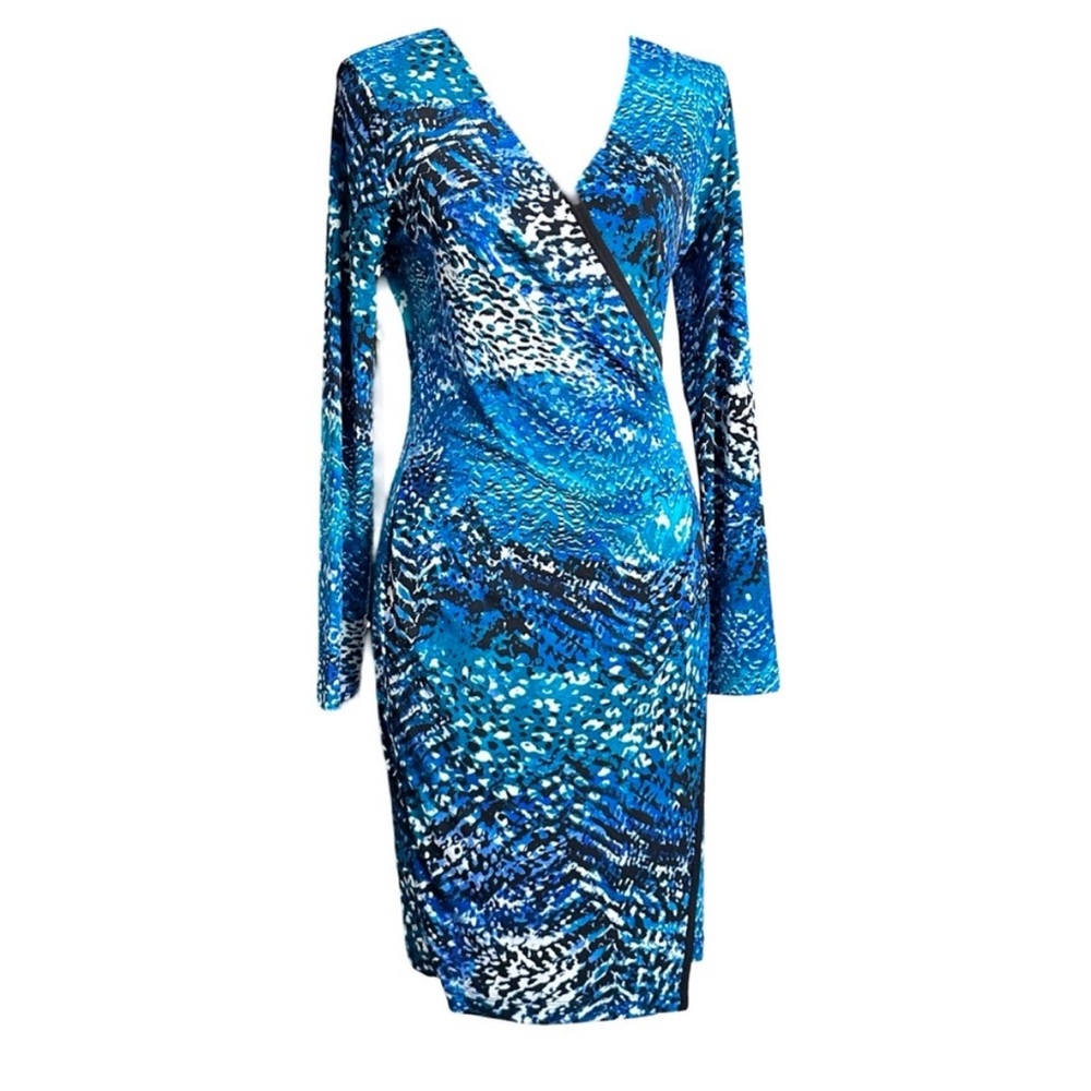 Calvin Klein Blue Aqua Print Bodycon Faux Wrap Dress Size 8